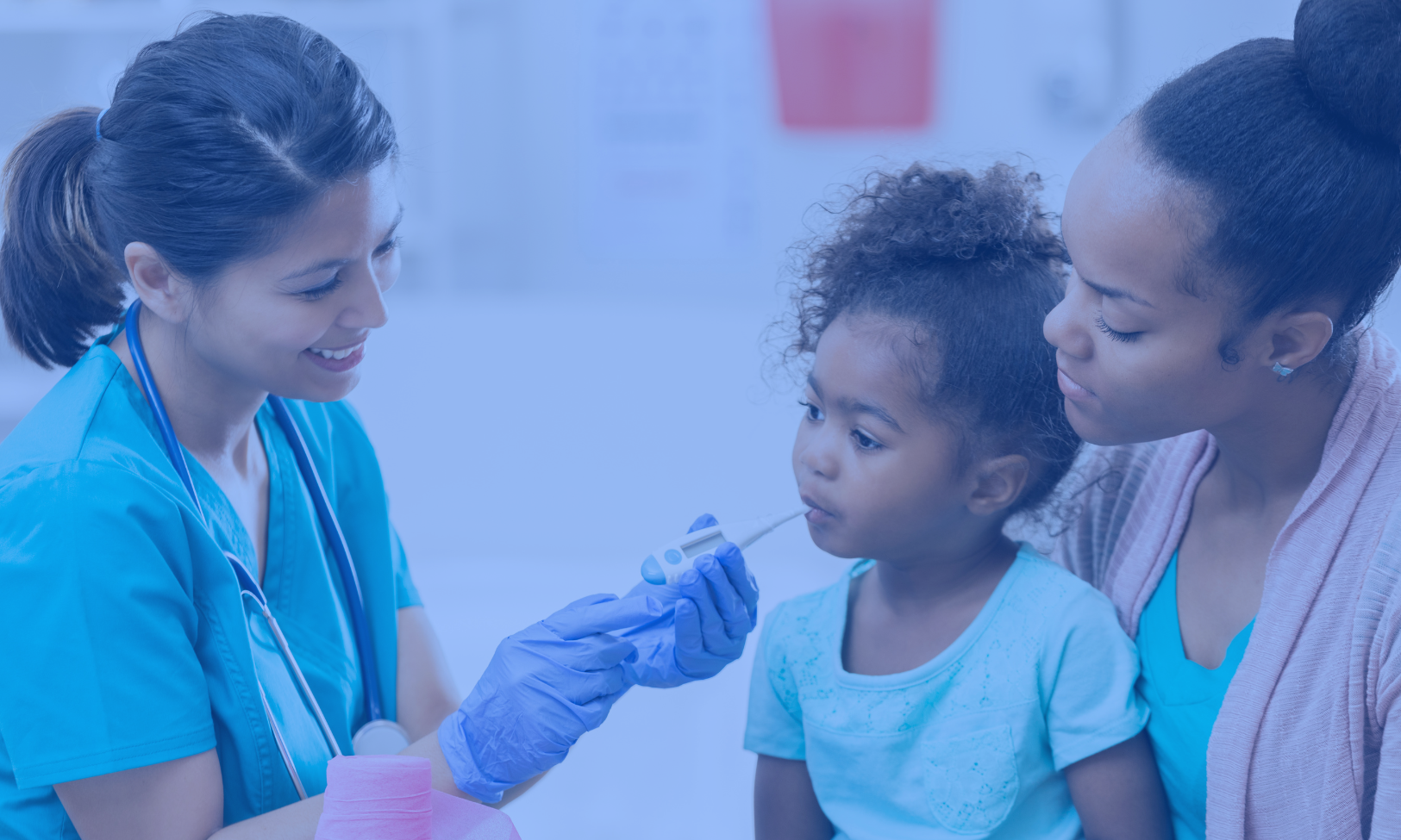 Image of a young girl receiving a medical examination from a nurse using a digital thermometer, while her mother closely watches. The nurse, in blue scrubs, is attentively engaging with the child, who appears calm. The mother, standing beside her daughter, looks on with concern. The setting is a medical office, illuminated in a serene blue tone to create a calm and professional atmosphere.
