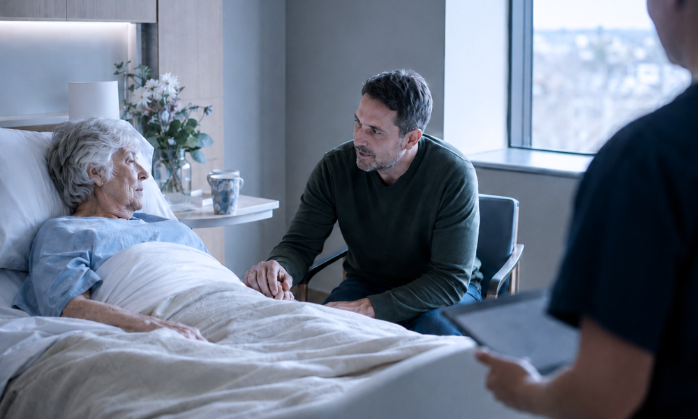 Image of a young boy in a hospital bed hugging his nurse in a comforting embrace. The nurse, wearing a light blue uniform, smiles warmly at the child, expressing care and support. They are in a brightly lit hospital room with large windows in the background, adding a serene and hopeful atmosphere to the scene.